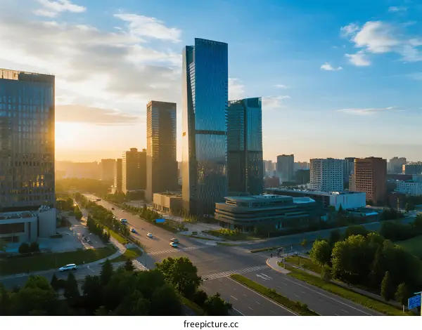 Modern city skyline with tall buildings under a clear sky