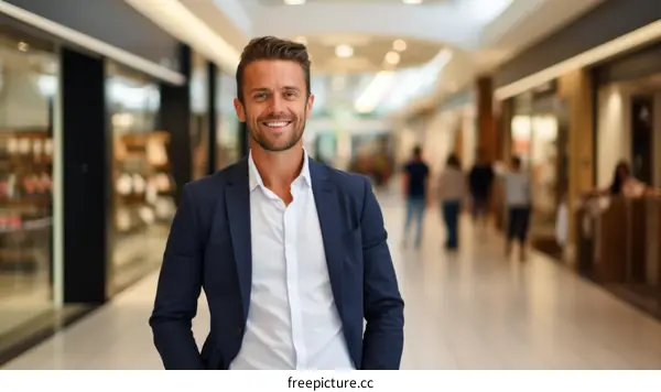 Portrait of a smiling young businessman standing in a shopping mall