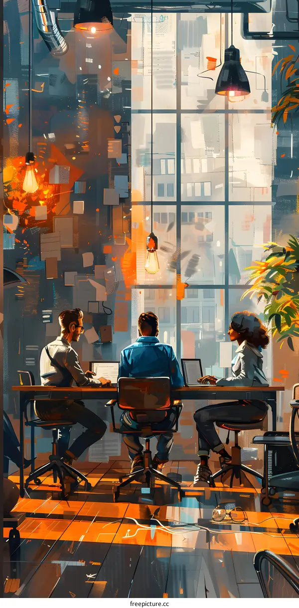 Three People Working in an Office with a City View
