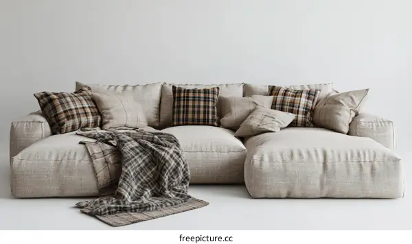 Modern Sectional Sofa with Plaid Pillows and Blanket