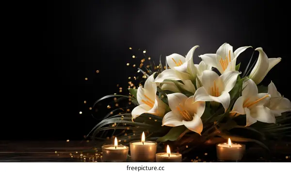 A bouquet of white lilies with lit candles on a dark background