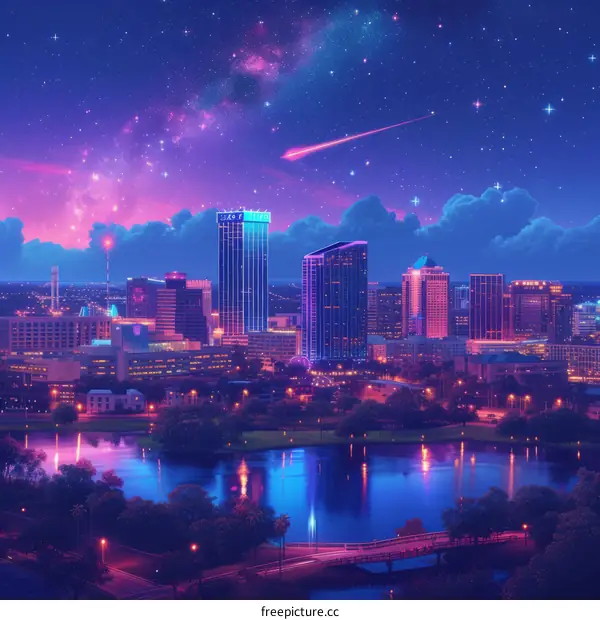 A beautiful cityscape of Orlando, Florida with a shooting star in the night sky