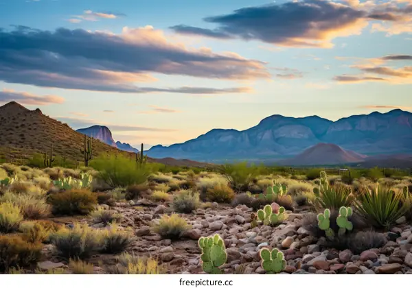 Arid desert landscape with cacti and mountains in the background