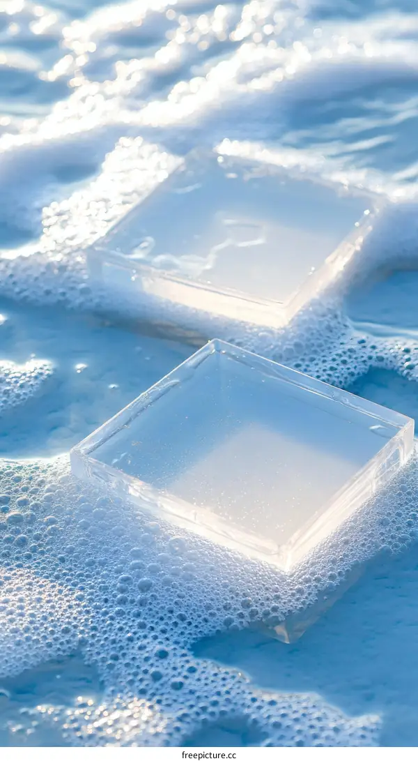 Transparent Square Boxes on Blue Water Surface with Foam