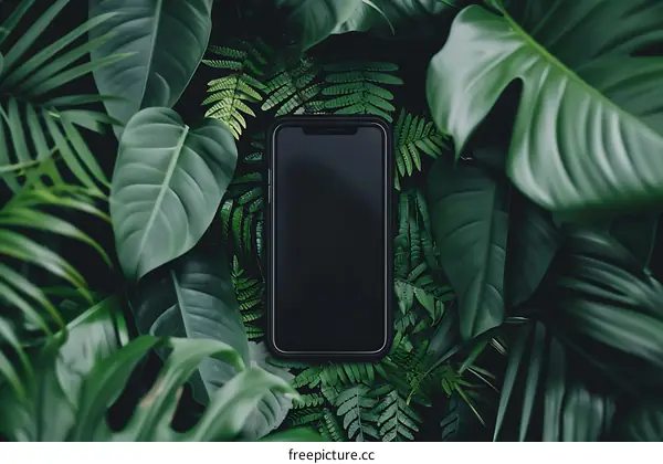 Black Smartphone Screen Surrounded by Lush Tropical Foliage