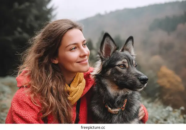 Woman and Dog in Nature Scenic View
