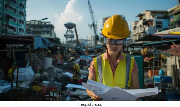 Asian female construction worker wearing hardhat looking at blueprints