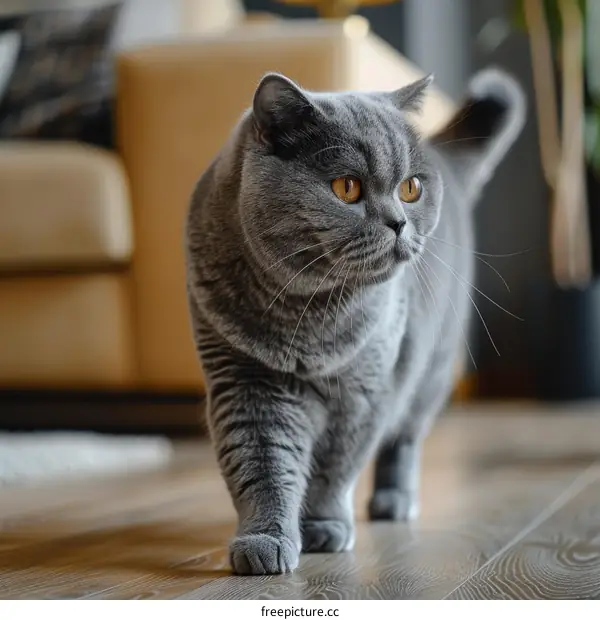 A gray British shorthair cat is walking on the wooden floor in the living room