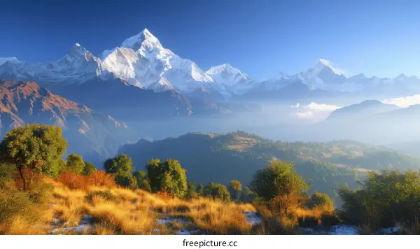 Majestic snow capped mountain peaks of the Himalayas