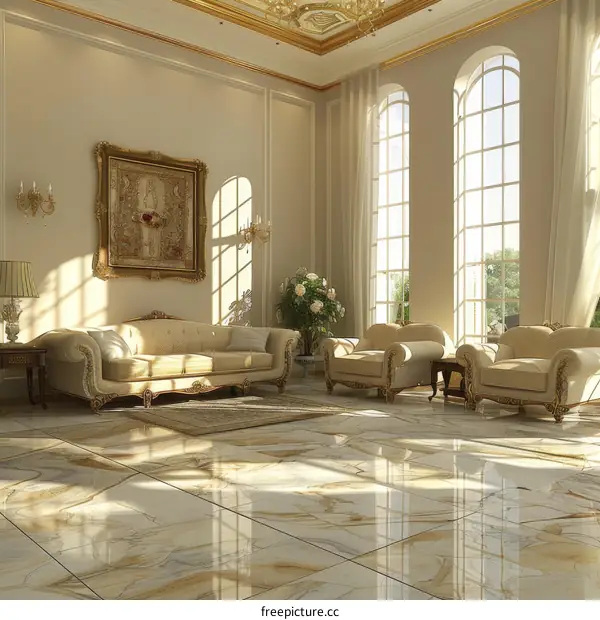 Elegant living room interior with marble flooring