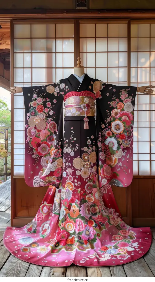 A kimono with a floral pattern and a pink obi