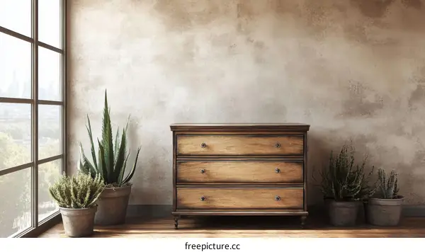 Rustic Interior Design with Wooden Chest and Plants