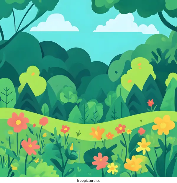 Green Forest Illustration with Colorful Flowers