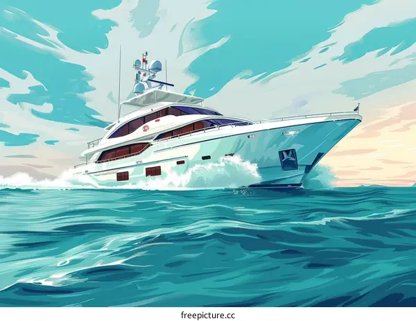 Blue and white luxury yacht cruising on the high seas