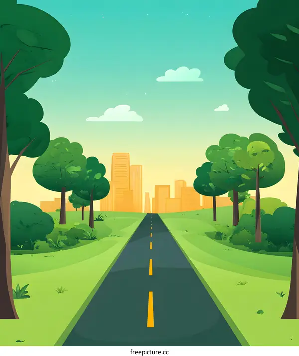 Green Trees and a Road Leading to a City Skyline