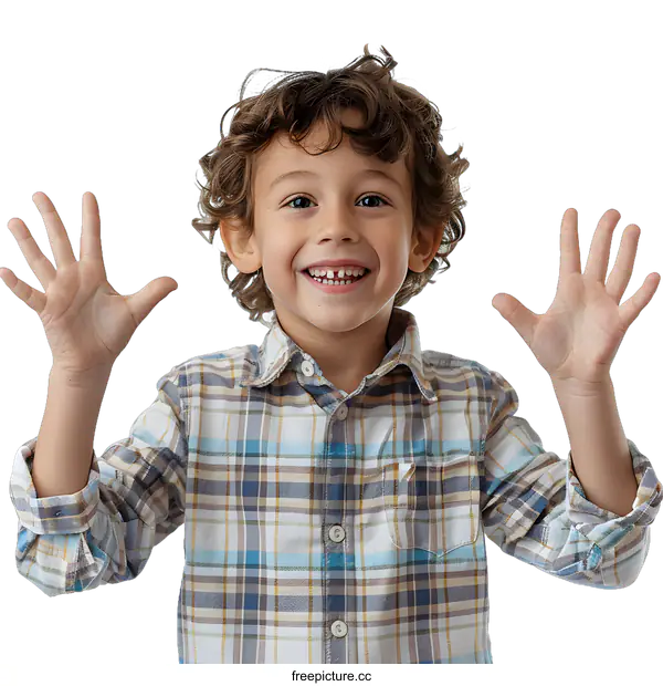 [Transparent Background PNG]Portrait of a Happy Smiling Boy with Curly Hair and Plaid Shirt