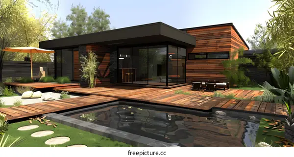 A modern house with a pool and a wooden deck