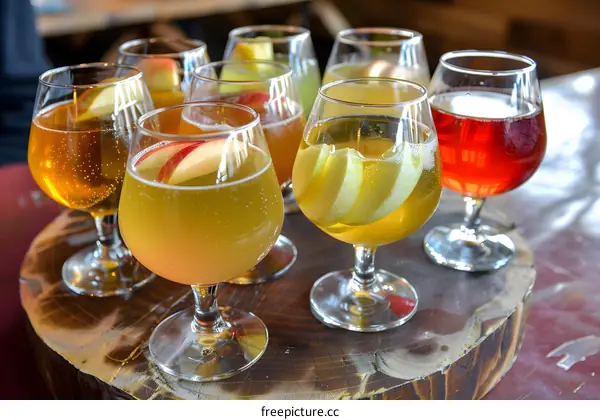 Apple Cider Tasting Flight on Wooden Coaster