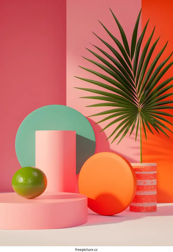 Abstract Summer Tropical Product Display with Palm Leaf