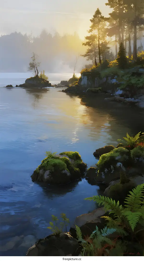 Misty Morning Scene of Calm Lake with Sunlight Reflection