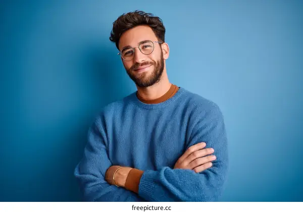 Confident Caucasian Man Posing Against Solid Blue Background