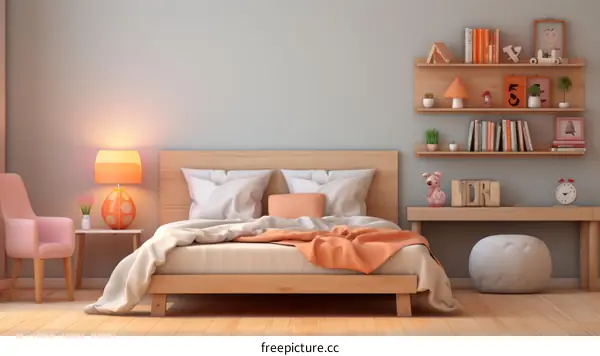 A cozy bedroom with a bed, a desk, a chair, and a few shelves.