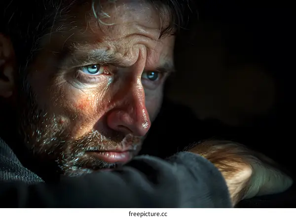 Portrait of a man with a beard and blue eyes looking at the camera with a serious expression.