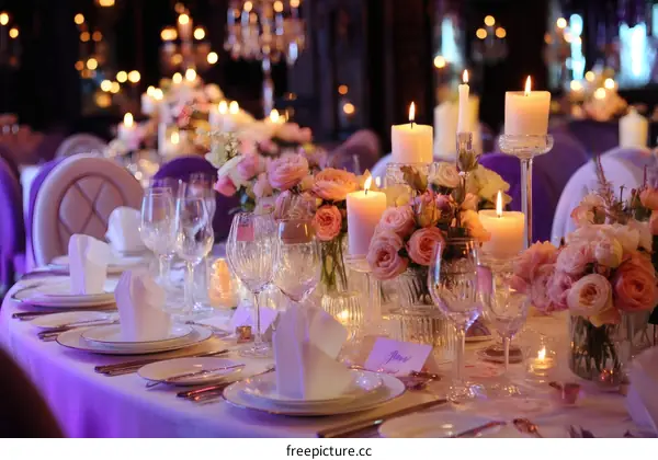 Elegant Wedding Table Setting with Candles and Flowers