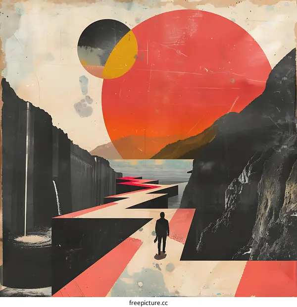 Silhouette of Man Walking on a Path Towards Red Planet in a Surreal Landscape