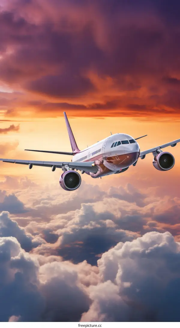 airplane flying over clouds at sunset