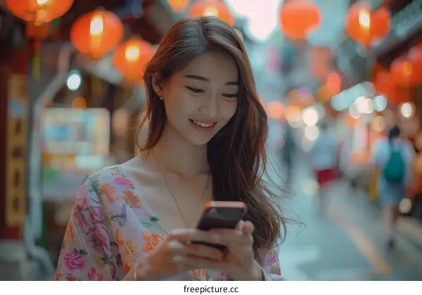 Asian woman in traditional dress smiling while texting on her phone