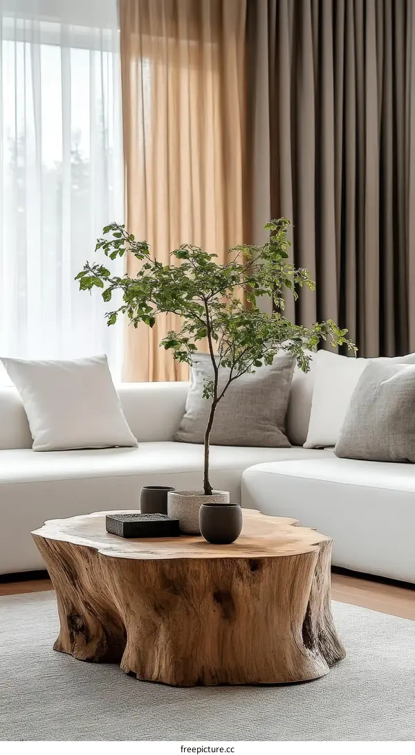 Modern Minimalist Wooden Coffee Table in a Cozy Living Room