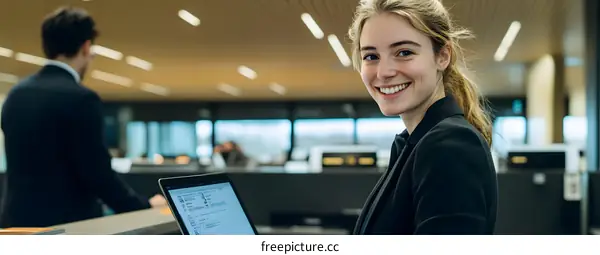 Smiling Young Woman Business Professional Sitting At Desk With Laptop