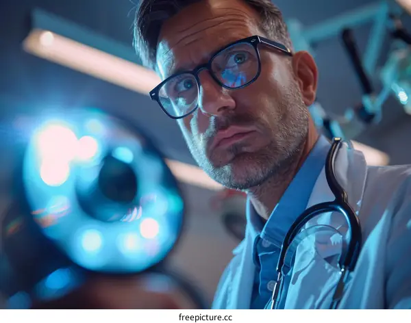 Focused male doctor examining patient's eye with ophthalmoscope in clinic