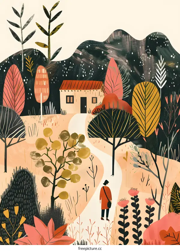 A Woman Walking Along a Path Towards a House in a Forest