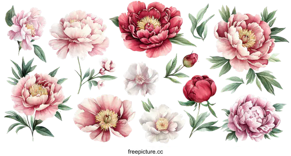 [Transparent Background PNG]Watercolor Peony Flowers Collection