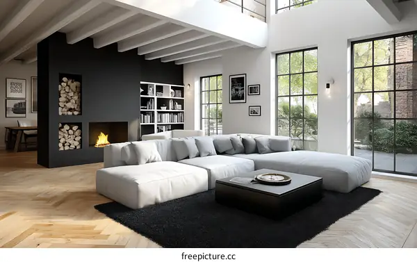 Modern Open-Plan Living Area with Fireplace