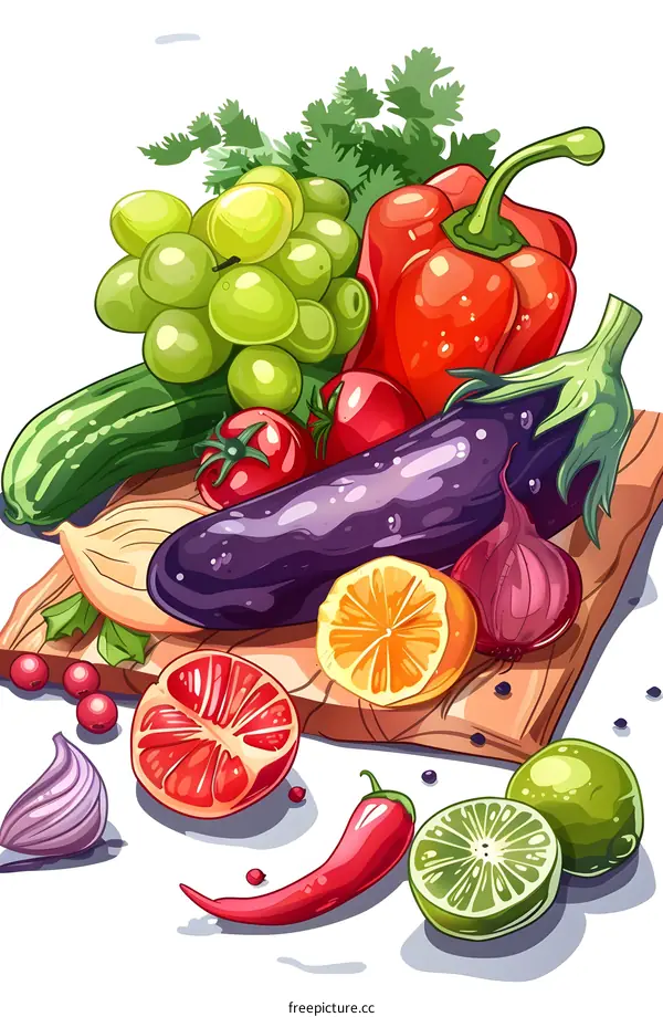 Fresh Vegetables and Fruits on a Wooden Cutting Board