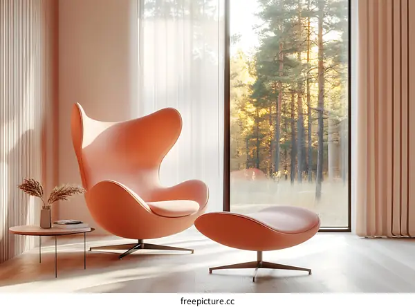 Modern Living Room with Peach Egg Chair and Ottoman