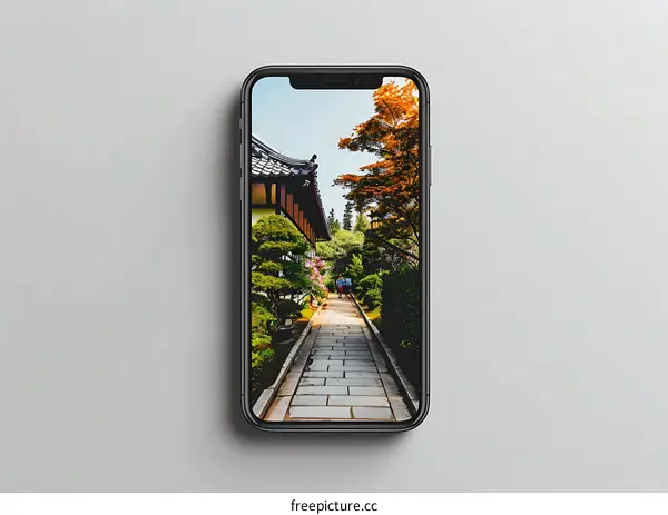 Smartphone Display Screen with Photo of a Japanese Garden