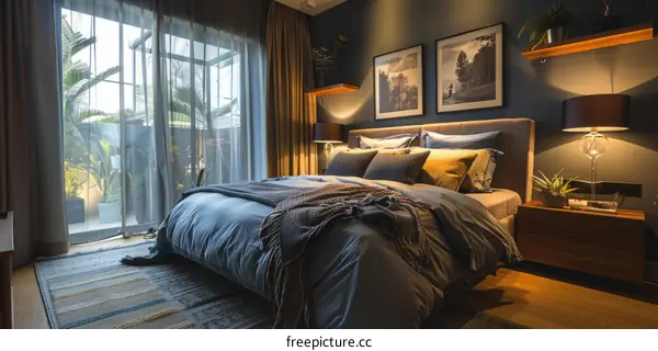 Blue Bedroom Interior Design with Large Glass Door