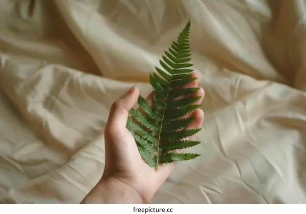 A hand holding a frond of a fern