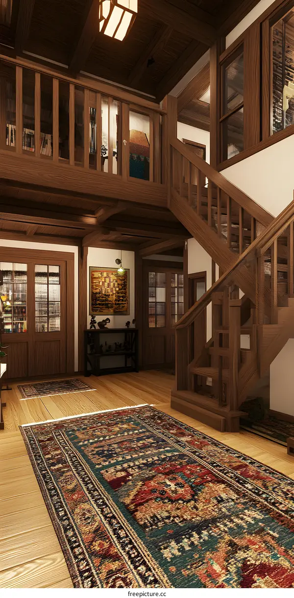 Wooden Staircase and Rug in a Home Interior