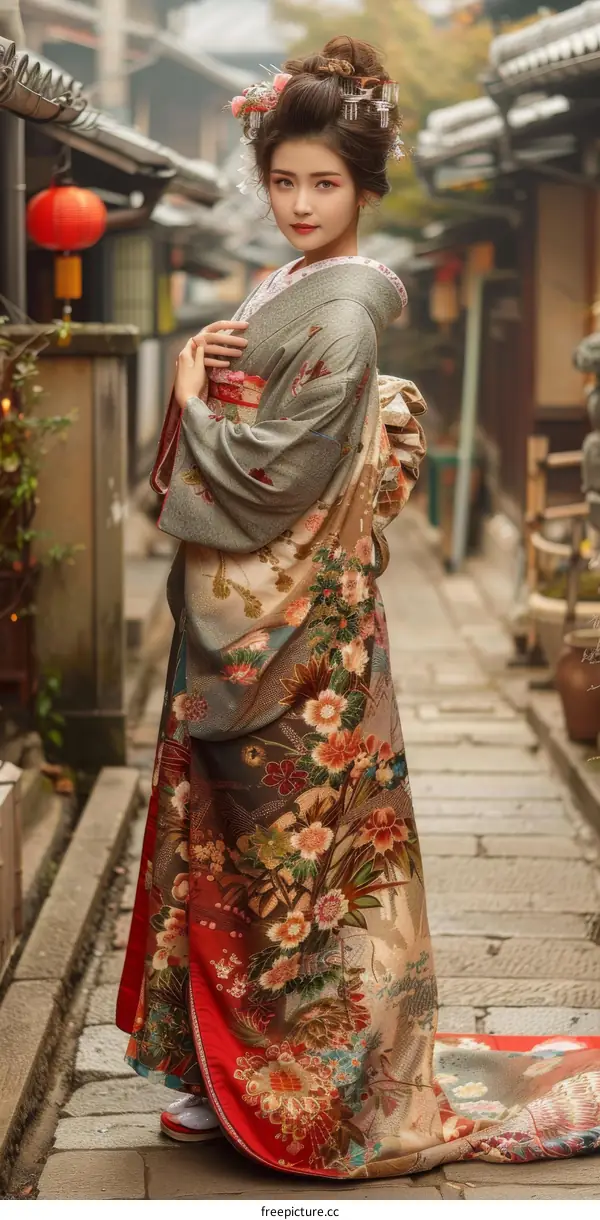 A beautiful Japanese woman wearing a kimono is walking down a traditional street.