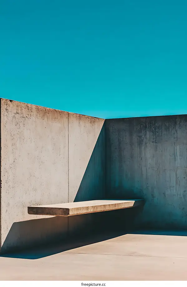 Abstract Minimalist Concrete Bench and Wall Under Blue Sky