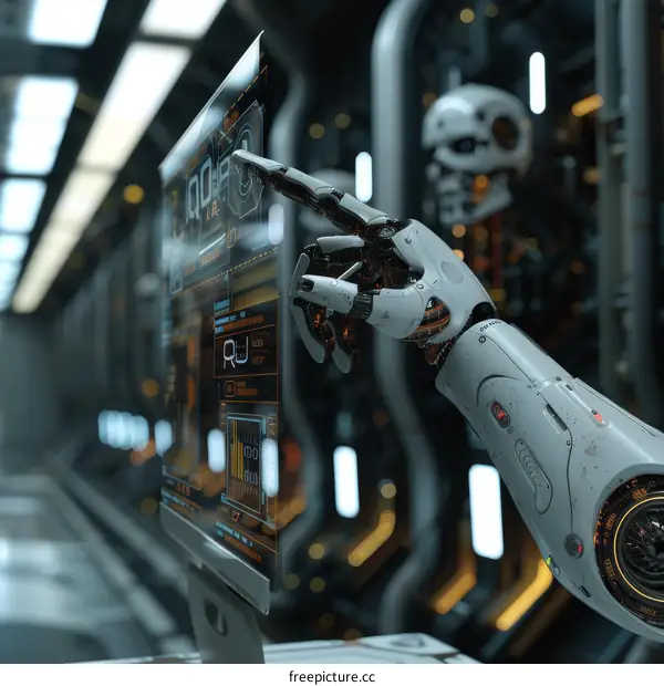 A robotic hand interacts with a futuristic screen with a skull in the background