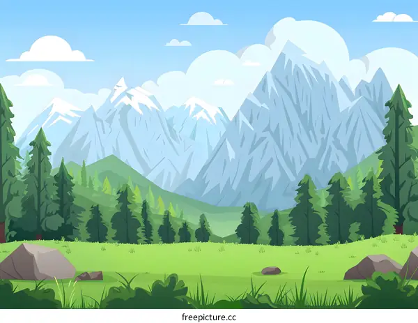 Green Meadow And Snowy Mountain Landscape