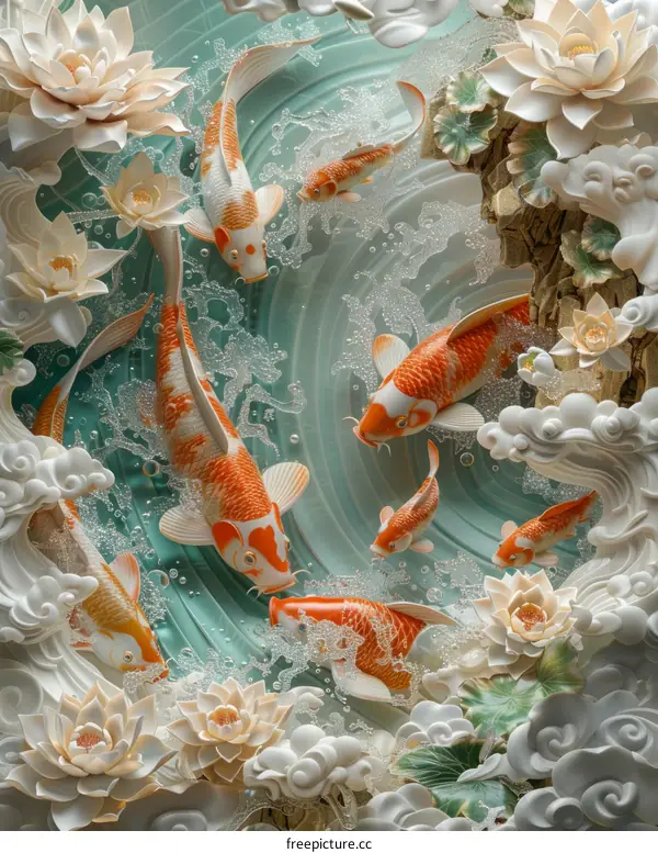 Carp swimming among water plants and flowers