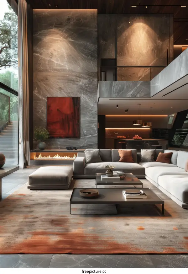 Modern Living Room Interior Design With Gray Wall And Red Artwork