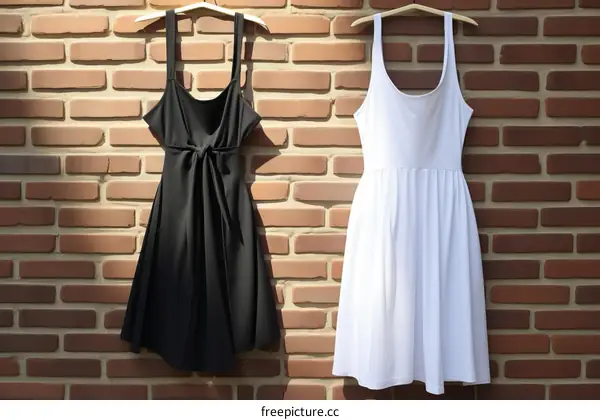 Two simple A-line dresses hanging on a brick wall